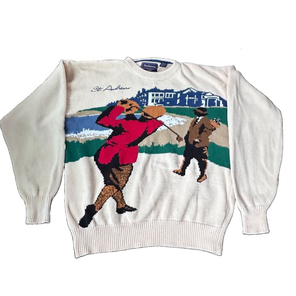 Vintage Hathaway St Andrews Golf Sweater Men XL Caddy Intarsia Cotton